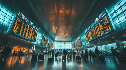 Black Friday travel deals at an airport, large screens displaying discounted flights, excited passengers with suitcases, and banners promoting holiday getaways at unbeatable prices