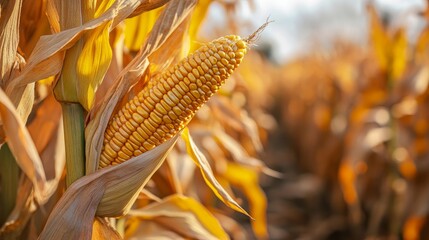 Close-up of corn cobs amid a field of corn plantations.