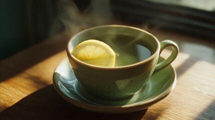 Obraz premium A steaming cup of lemon tea placed on a wooden table, with sunlight streaming in, creating a cozy and inviting atmosphere.