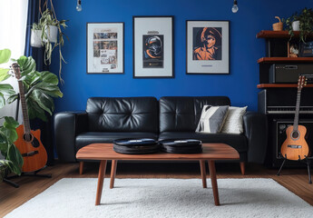 A living room wall with vinyl records on a blue background, a black leather sofa and coffee table against white carpet flooring, framed musical instruments on shelves, a guitar, a vinyl player, record
