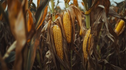 Close-up of corn cobs amid a field of corn plantations.