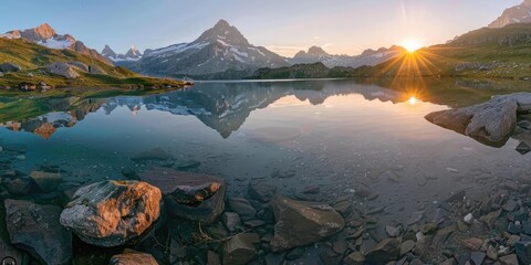 Obraz premium Crystal Clear Alpine Lake with Sunrise Reflections in the Swiss Alps
