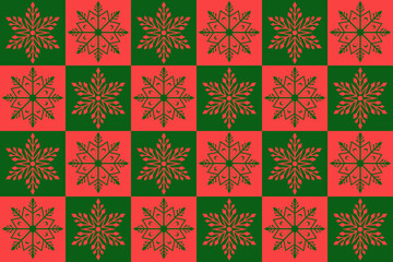 Red Green Color of Geometry square tile seamless pattern. Mosaic snowflakes Christmas background design for decoration on Christmas seasoning, web, wrapping, wallpaper, textile, fashion.