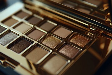 Luxurious metallic gold and bronze shimmer eyeshadow palette with a reflective case showcasing high end beauty cosmetics for glamorous evening looks and sophisticated makeup styling