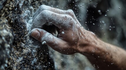 Fototapeta premium Climber's hand gripping a rock, with magnesium particles flying, highlighting the intense effort of rock climbing.