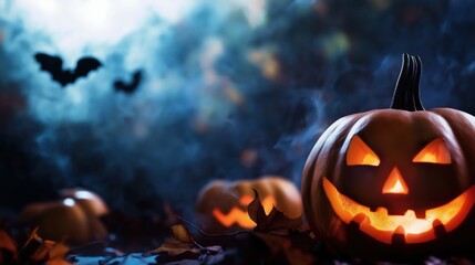 Fototapeta premium Jack-o'-lanterns with bats and mist in a spooky Halloween scene