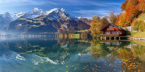 Fototapeta premium Crystal Clear Lake with Swiss Alps in the Background and Autumn Reflections