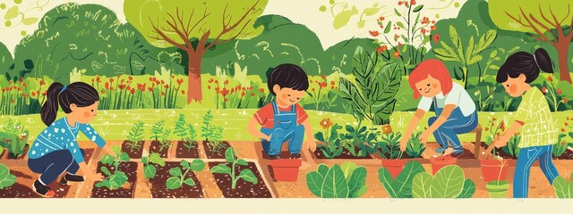 children plant flowers in the flowerbed. Selective focus