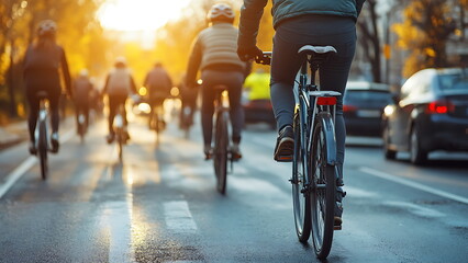 people cycling down a city street