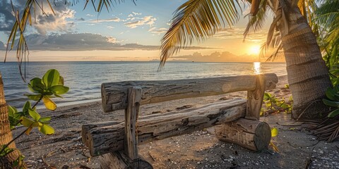 Obraz premium Driftwood Bench Under Palm Trees on a Beach - A bench made from driftwood under the shade of palm trees, with the sun setting over the ocean, casting a warm glow on the scene.