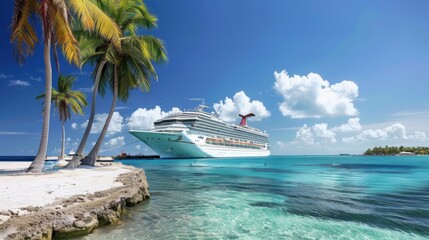 Obraz premium Luxurious Cruise Ship Docked at Tropical Island Resort
