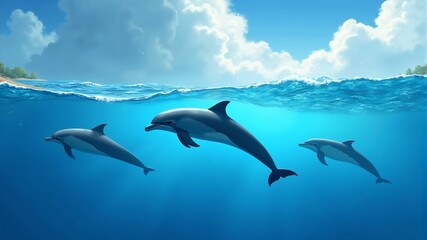 Three dolphins swim in the blue ocean against a cloudy sky