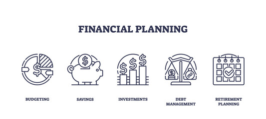 Outline icons set depicting budgeting, savings, investments, debt management, and retirement planning. Outline icons set.
