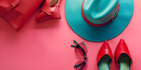 Fashionable Red Shoes, Handbag, and Trendy Sunglasses Flat Lay
