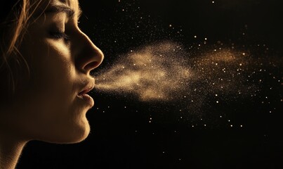 Woman blowing gold glitter into dark air.