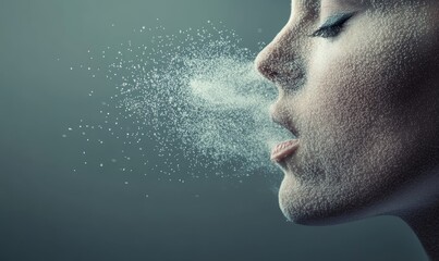 Woman exhales mist, forming small bubbles.
