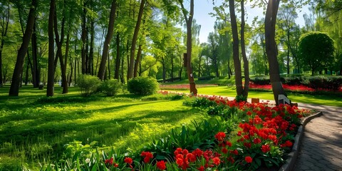 Sunlit Path Through a Park with Blooming Red Tulips
