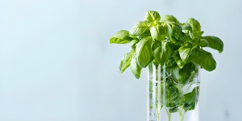 Fresh Basil Sprigs in a Glass Vase with Water Against Soft Blue
