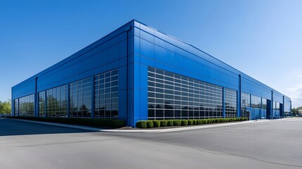 A modern warehouse with blue walls and a light gray roof, set against the backdrop of clear skies in an empty parking lot
