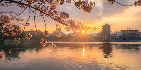 Serene Sunset Over a Tranquil Lake with Blossoming Flowers
