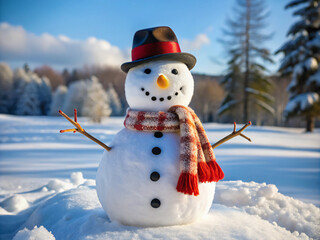 Obraz premium snowman on the snowsnowman, christmas, snow, winter, holiday, snowflake, cold, hat, xmas, illustration, vector, card, tree, scarf, fun, cartoon, celebration, december, happy, decoration, carrot, seaso