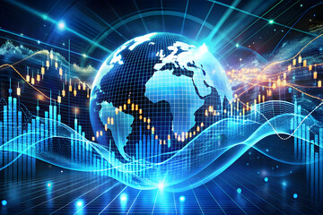 Global Market Dynamics: A mesmerizing visualization of global stock market trends, featuring a digital globe encased in dynamic, flowing data streams.