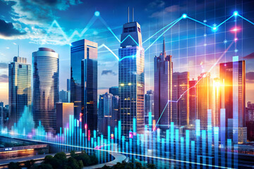Obraz premium Global Finance Skyline: A vibrant cityscape at dawn, overlaid with dynamic financial graphs, symbolizes global market trends and economic growth.
