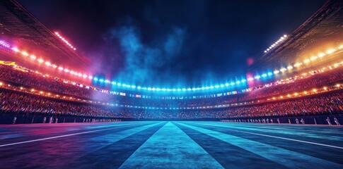 Illuminated Stadium with a Crowd and a Brightly Lit Path