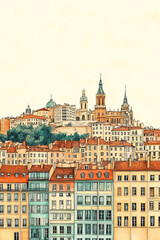 Obraz premium Lyon, France, color pen pencil hand-drawn effect drawing illustration for travel poster, card, wallpaper, backdrop or banner. Modern, clear, artistic and simple