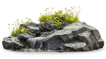 water is flowing on little grass growing on rocks stone and rocky cliff part with on white background