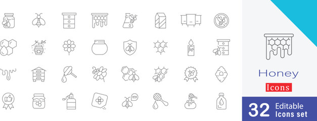 Honey editable  Stock Icon Set. containing jar of honey, bee farm, apiary, hive frame, honeycomb, hive, beeswax, royal jelly, quality and more stroke illustration 