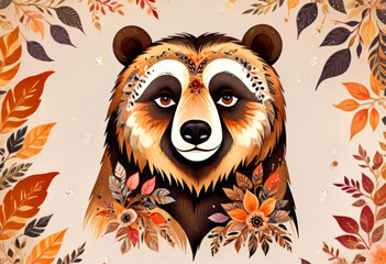 Illustration of a brown bear surrounded by flowers