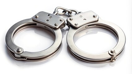Shiny metal handcuffs reflecting on a white background