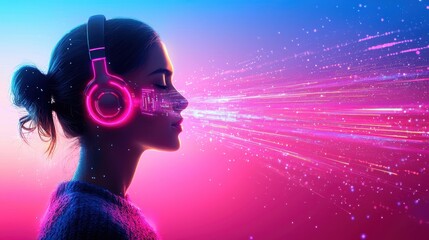 Naklejka premium Digital Nomad in Virtual Reality: Person with Glowing Headphones Surrounded by Streaming Workspace of Tomorrow