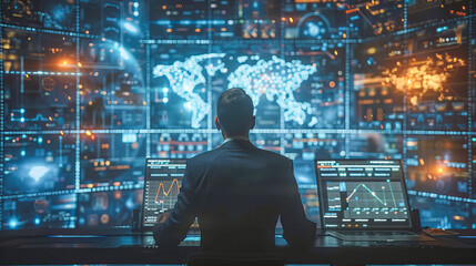 Businessman working with futuristic global big data visualizations on multiple screens