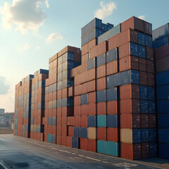 the sheer magnitude of a mountainous stack of containers in a bustling container yard
