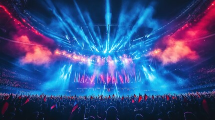 Crowd at a Concert with Stage Lights and Smoke