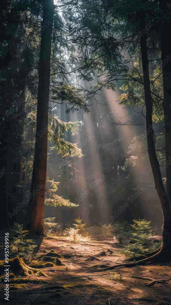 Poster a forest with sunlight shining through the trees