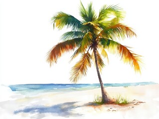 Obraz premium Lone palm tree on a beach, watercolor effect, white isolated background.