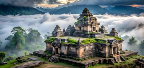 Ancient Temple in the Clouds: A majestic temple, shrouded in mist and nestled among verdant hills, evokes a sense of tranquility and ancient wisdom.