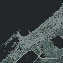 Map of Alexandria in Egypt in a smooth dark style. Contains layered vector with roads water, parks, etc.