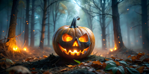 Jack-O-Lantern in the Haunted Forest: A chillingly beautiful Jack-o-Lantern glows ominously in a mystical forest, surrounded by flickering fireflies and an eerie mist.