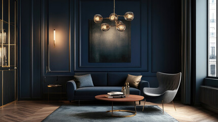 Dark blue wall, living room interior design with modern coffee table and armchair, home decor, golden lighting chandelier. Minimalist style in black and grey colors.