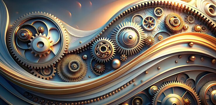 Interlocking Gears of Innovation: A mesmerizing abstract composition of intricate gears and cogs, seamlessly interwoven into a flowing, undulating form. The image evokes a sense of complex.