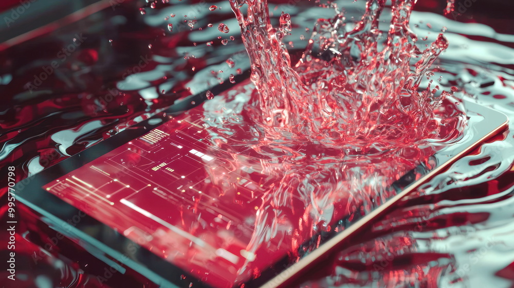Fototapete Tablet submerged in vibrant red liquid, splashing effect, digital circuit display, sleek technology concept, dynamic image