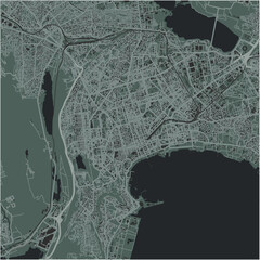 Map of Baku in Azerbaijan in a smooth dark style. Contains layered vector with roads water, parks, etc.
