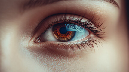 Close up woman eyes. Macro classic volume long eyelash extensions, lamination, correction. Natural beauty or laser vision correction. Skin care, beauty, makeup concept.