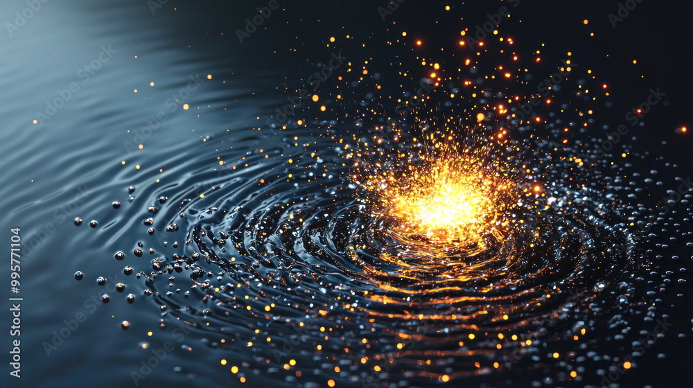 Poster Rippling Water Ember Glow, fiery sparkles illuminate serene water ripples creating a vibrant, mesmerizing effect