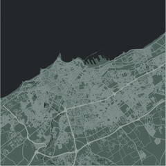Map of Casablanca in Morocco in a smooth dark style. Contains layered vector with roads water, parks, etc.