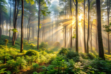 Obraz premium morning in the forestforest, trees, tree, nature, fog, sun, mist, autumn, landscape, woods, misty, light, green, sunlight, path, sunrise, wood, foggy, woodland, foliage, spring, morning, leaf, summer,